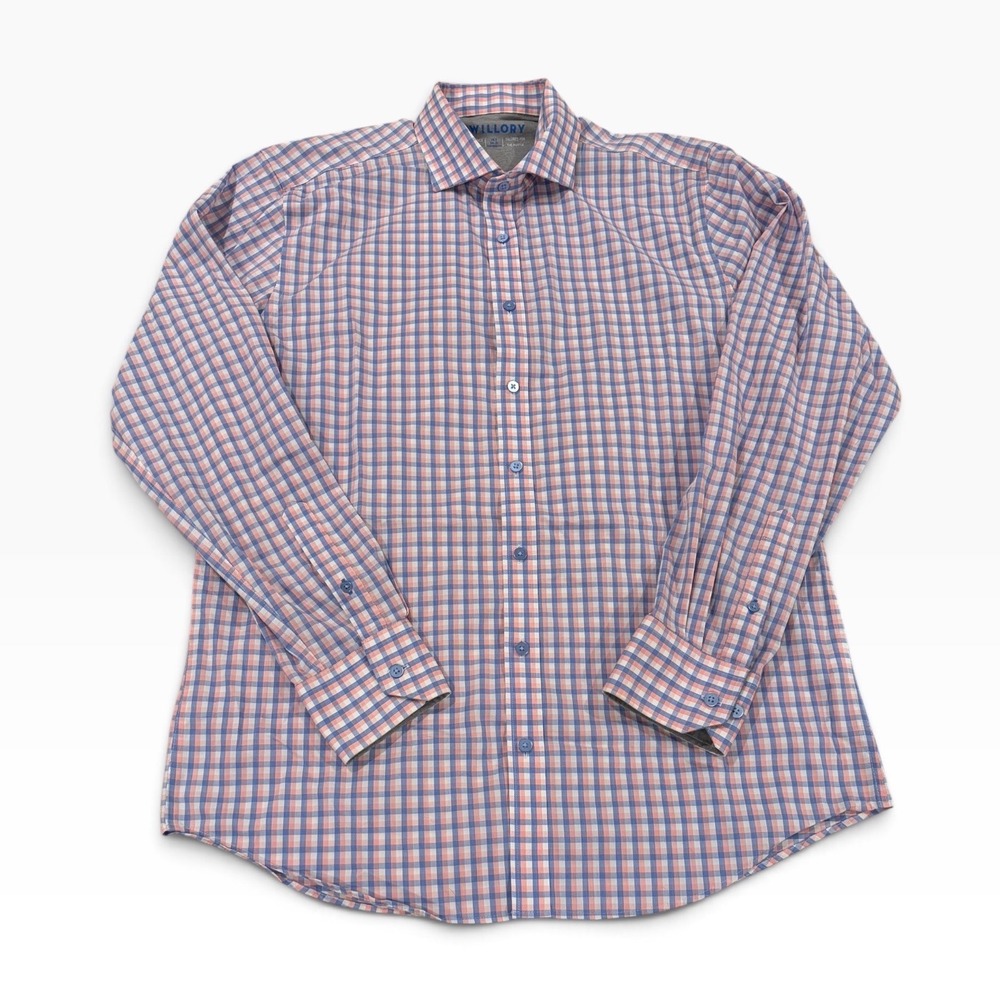 Twillory Performance Gingham Dress Shirt Mens 16.5 34/35 Tailored Fit Blue Pink